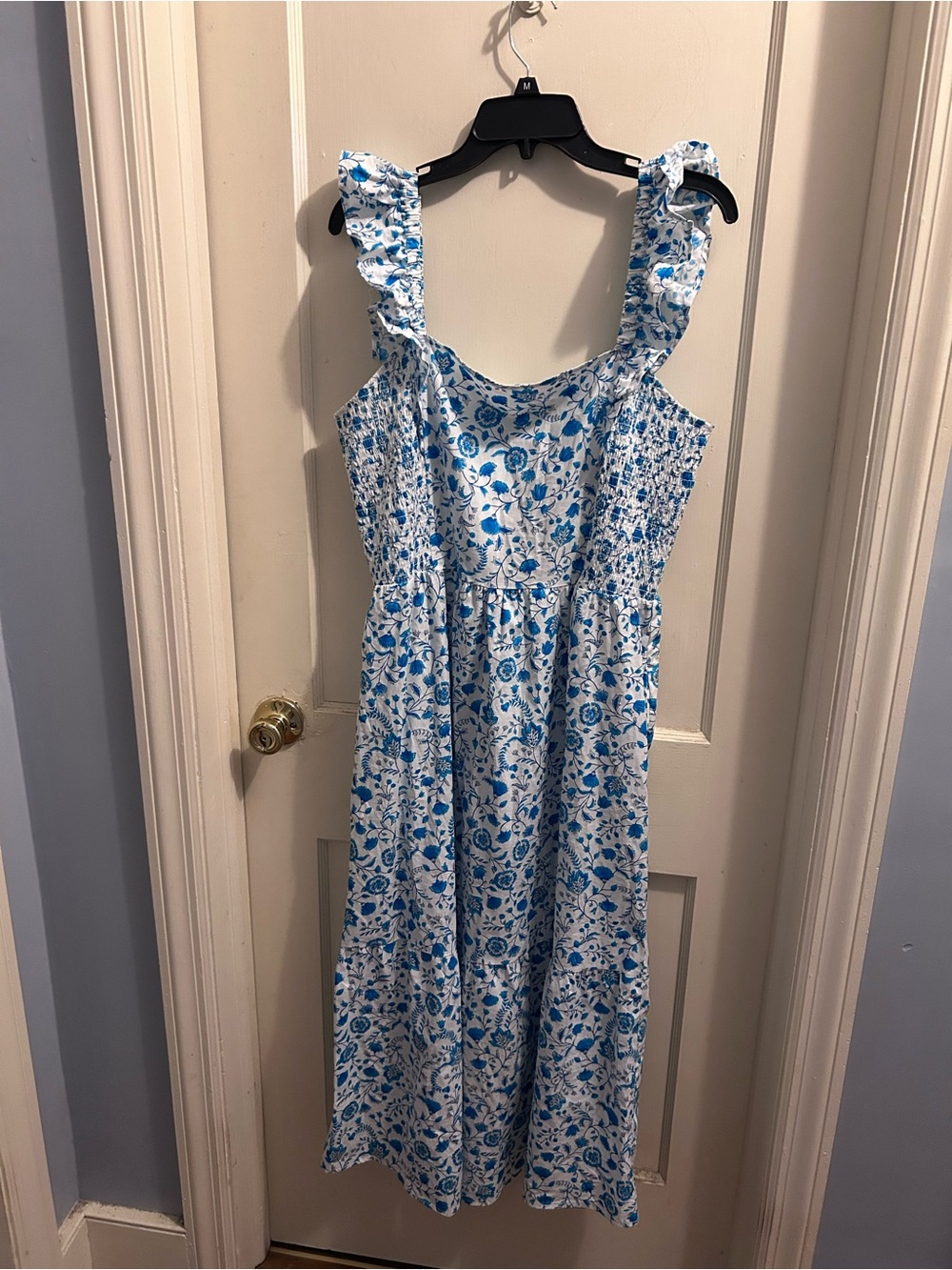 Draper James Women's Flutter Strap Smocked‎ Midi Dress blue floral paisley XL